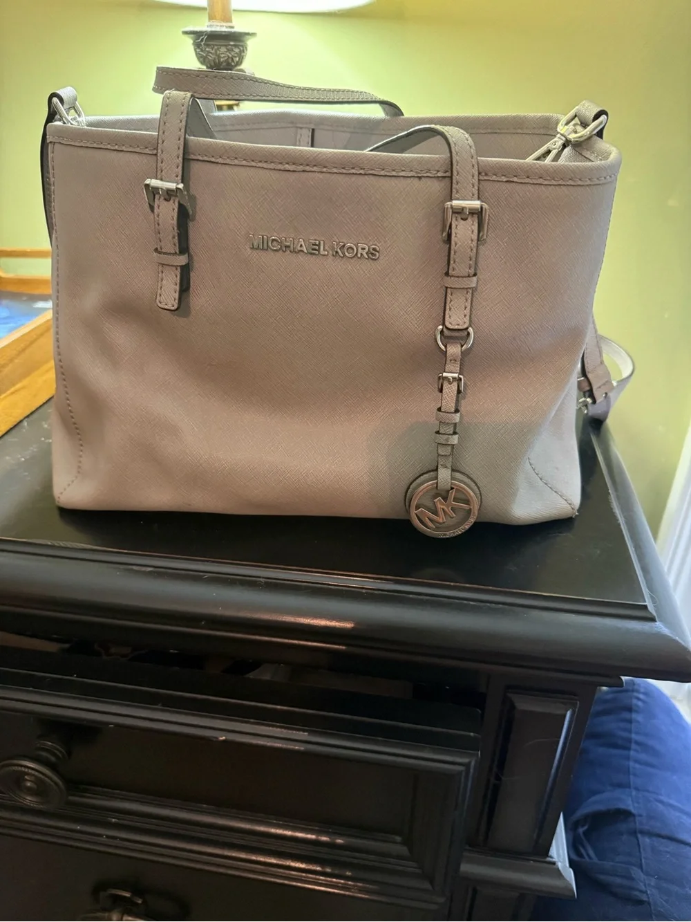 Michael Kors Light Taupe Saffiano Shoulder Tote with MK Charm